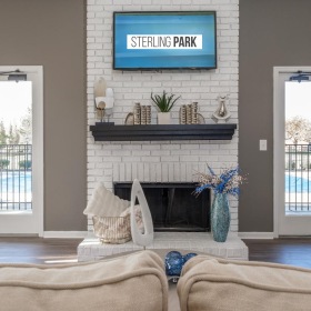 a large room with a fireplace